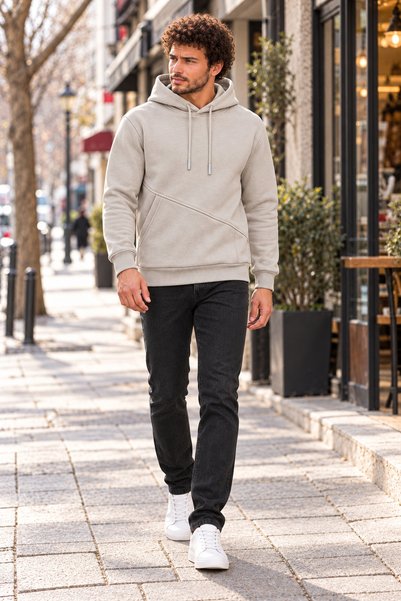 BETES Men's Stone Color Pocket Hooded Sweatshirt 3 Thread Puff Soft Fabric