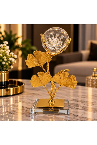 METALAY Golden Ginkgo Kristal Küreli Dekoratif Obje
