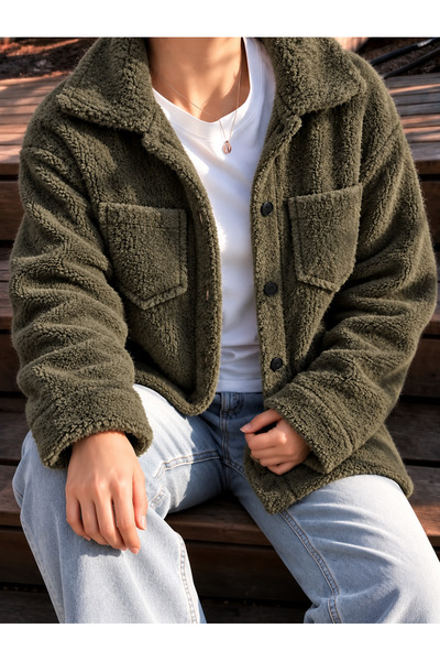 FAVORİST Women's Soft Textured Plush Shirt Jacket Kpln