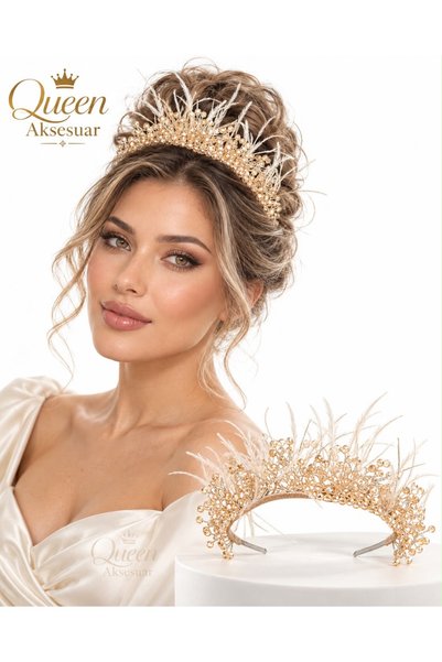 QUEEN AKSESUAR Lüks Aurora Işıltısı Kristal Taşlı Tüylü Gelin taç şampanya Gold altın sarı Nişan Kına Düğün Özel Gün Tacı