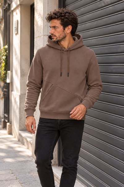 BETES Men's Brown Pocket Hooded Sweatshirt 3 Thread Puff Soft Fabric