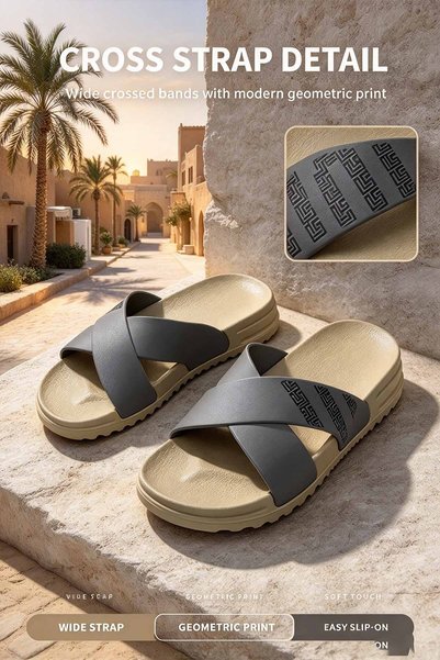 VivoGlobal Shop شباشب رجالية منزلية بحزام متقاطع – تصميم هندسي مع نعل متوسط خفيف الوزن ونعل خارجي ثابت ومقاوم للانزلاق – سهلة الارتداء للاستخدام اليومي