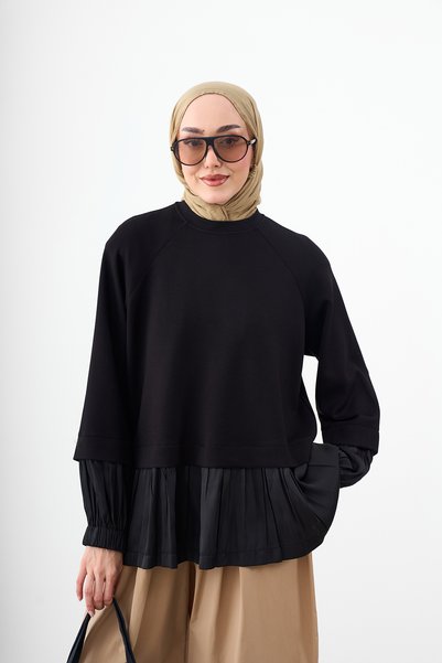 LOCCO Women's Crew Neck Satin Pleated Detailed Sweatshirt Black