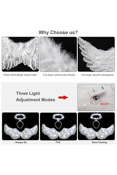 TAPIT Wing Costume Kids, Feather Wings and Halo with LED Lights, Headband Tulle Tutu Skirt Fairy Magic Wand Carnival Cosplay Costume for Girls