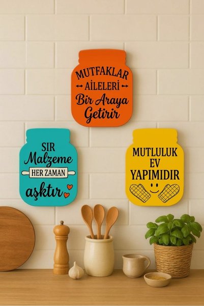 mebaconcept Dekoratif 3'lü Ahşap Mutfak Duvar Süsü - Yazılı Mutfak Panosu Tab...
