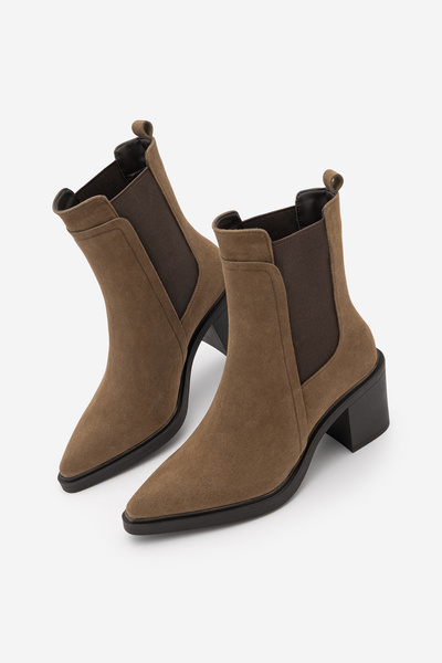 Marjin Women's Double Elastic Chelsea Heeled Boots Pisar Tobacco Brown Suede
