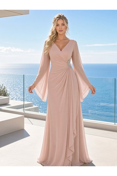 FaBe Fashion Uzun Şal Kollu V Yakalı Beli Taş Aksesuarlı Beyaz Şifon Nikah Ni...