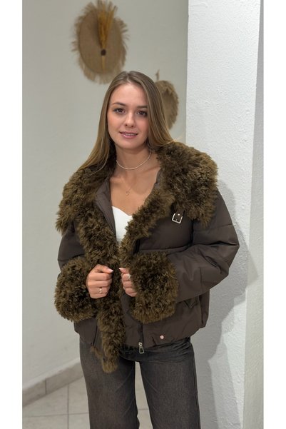 JANNA BUDAK BOUTİQUE Kadın Kürk Detaylı Fermuarlı Oversize Şişme Mont