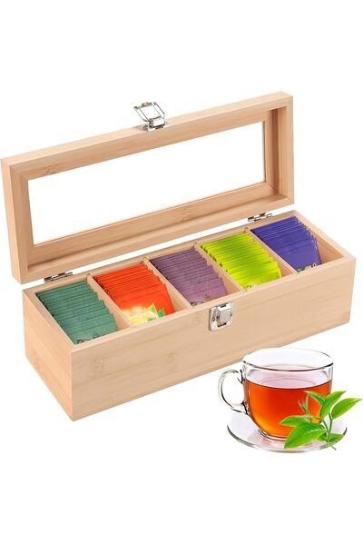 Generic منظم أكياس الشاي، صندوق تخزين الشاي من الخيزران بخمسة أقسام مع غطاء أ...