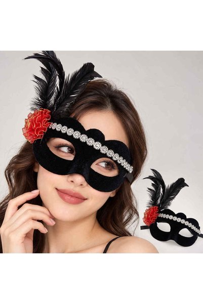 Generic Brand Black Velvet Silver Striped Feathered Venetian Mask – with Red Bow