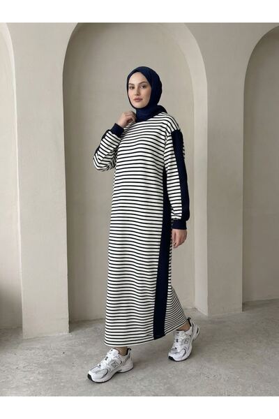 Lunsera Store فستان مزين بخطوط - أزرق داكن