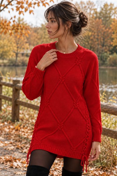 moda wanilia Women's Long Sleeve Round Neck Knit Patterned Side Lace-Up Knitw...