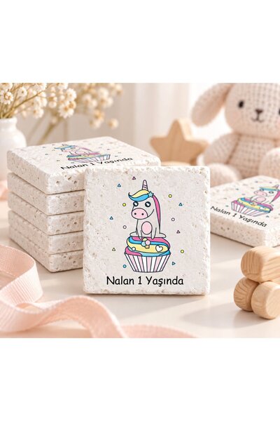 30 Adet Kişiye Özel Baskılı Doğal Taş Magnet 5x5cm Doğum Günü, Hoşgeldin Bebek (Beyaz)