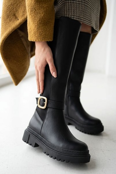 DİVOLYA Troy Black Side Buckle Stretch Back Daily Use Women's Boots