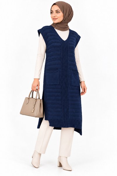 citystyle Women's Sleeveless V-Neck Woven Detailed Double Pockets Soft Textur...