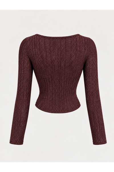 Wildco Burgundy Ribbed Knitwear Gold Buckle Square Neck Long Sleeve Crop Blouse, Burgundy Ribbed Knitwear Long Sleeve Blouse with Gold Stone Accessories