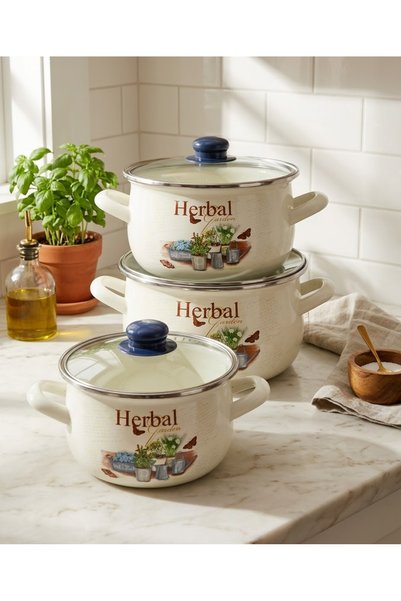 EMAYE EVİM 18-20-22 cm Diameter 2-3-4 Liter Herbal Enamel Pot Set