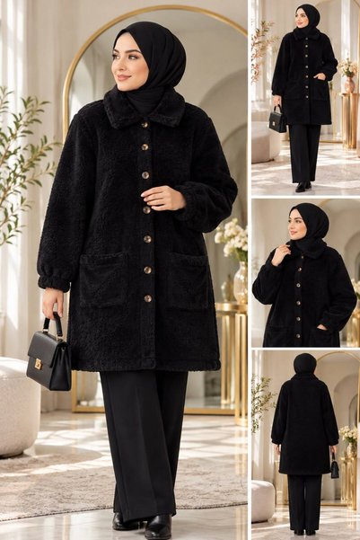 modasindoma Women's Hijab Cover Pocket Buttoned Plush Cardigan