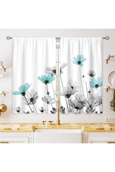Generic Farmhouse Teal Grey Floral Kitchen Curtains Rustic Flower Window Trea...