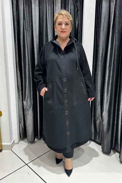 selma Büyük Beden Çıtçıt Detaylı Kapüşonlu Örme Kaşe Kap