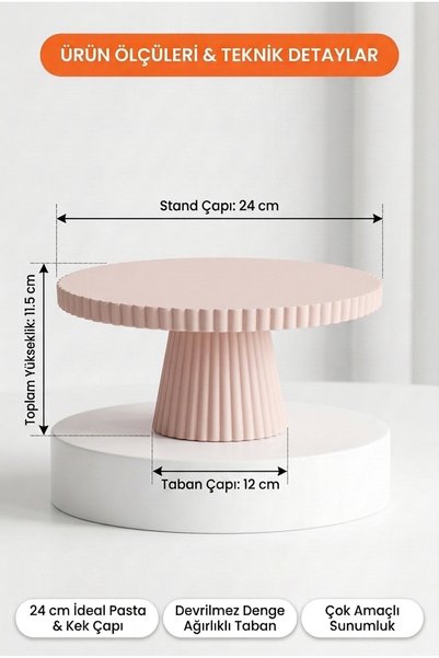 Jüjü Design 3D Baskı Yivli Ayaklı Kek Pasta Sunum Standı Toz Pembe Yuvarlak K...