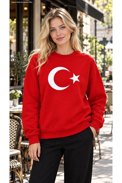 EMMODA Kadın Kırmızı Ay Yıldız Türk Bayraklı Oversize Sweatshirt - Bisiklet Y...