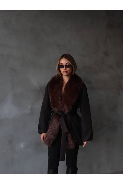 ZS Zey Studio Women's Black Fur Collar Layered Collar Detailed Belted Coat
