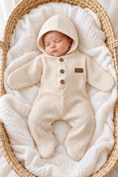 ALYRA Newborn Baby Waffle Fabric Hooded Oversize Sleeping Bag Ecru 0-6 Months Unisex