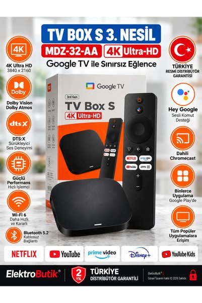 laptopfırsatı MDZ-32-AA 3. Nesil 4K Ultra HD Android Google TV Box 2GB RAM 32GB Akıllı Medya Oynatıcı Wi-Fi 6 Ses Komutlu Kumandalı Siyah Resmi Türkiye Garantili