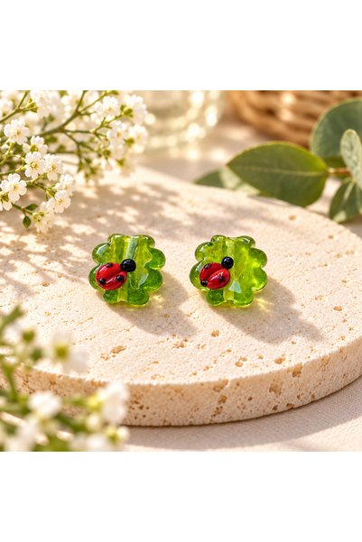 ADAMODART Handmade Murano Glass Clover Ladybug Beads (2 Pieces)