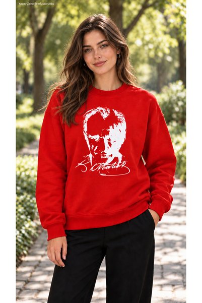 EMMODA Kadın Kırmızı Atatürk Portreli İmzalı Oversize Sweatshirt - Bisiklet Y...