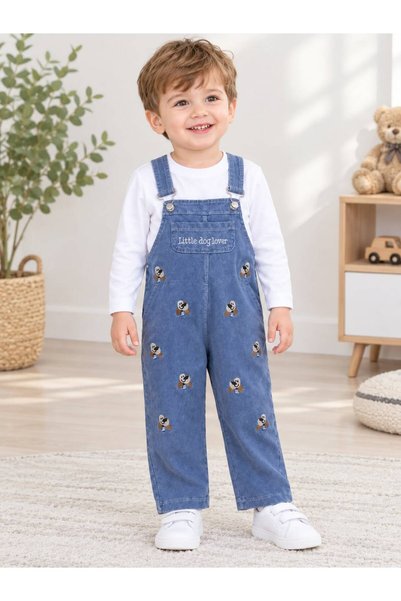 bubiee baby Erkek Çocuk Köpek Nakışlı Kot Bahçıvan Tulum -Denim Salopet İkili...