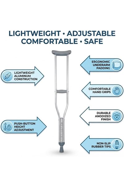 Health Mart | Underarm Crutches Size Large | Lightweight Aluminum Adjustable Walking Aid, 134.5-154cm Height Range, Medical Crutches for Tall Adults, Injury Recovery & Mobility Assistance