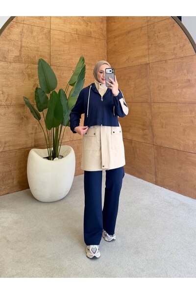moda4b طقم رياضي نسائي من قطعتين بسحّاب وقلنسوة وبنطلون واسع الساق N-05575 _ أزرق داكن
