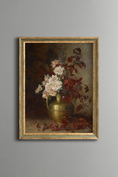 epiqart Pirinç Vazoda Beyaz ve Kırmızı Çiçekler - Vintage Desenli Tablo - İnc...