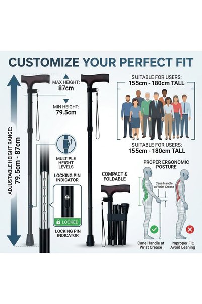 Health Mart Aluminum Folding Foldable Walking Cane (Matte Black) – Lightweigh...