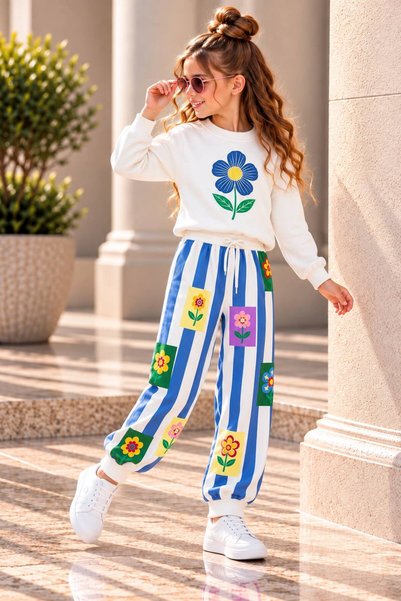 YİGİT BUTİK Girl's Floral Printed Sweatshirt and Striped Patterned Sweatpants...