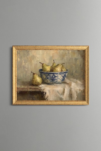 epiqart Yellow Pears in a Patterned Bowl - Vintage Patterned Painting - Fine ...
