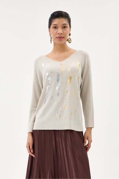 della moor Beige Italian Glittery Foil Low Sleeve Blouse 38 - 42 Size