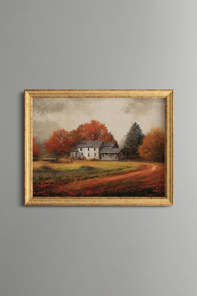 epiqart White House among Red Autumn Trees - Vintage Patterned Painting - Fin...