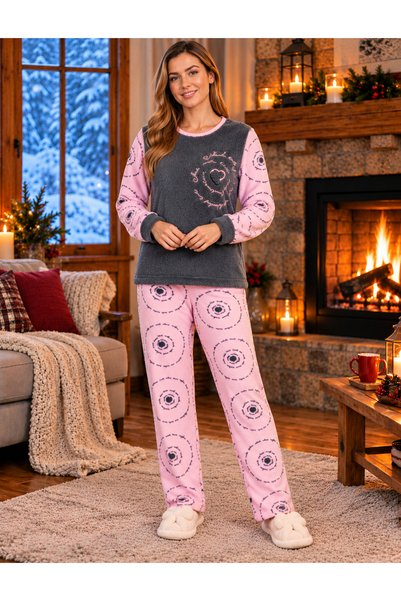 PİJAMOOD Pembe Gözlüklü Desenli Uzun Pantolonlu Kadın Pijama Takımı