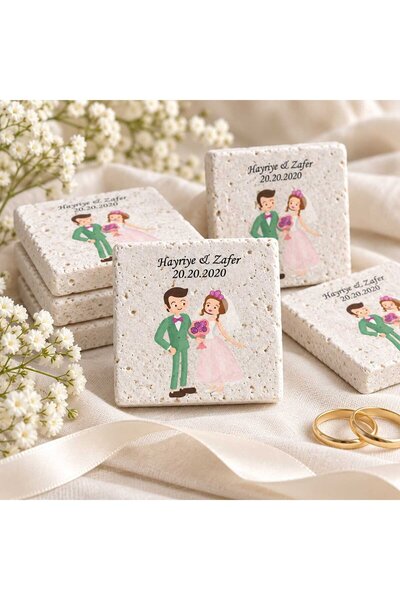 30 Adet Kişiye Özel Baskılı Doğal Taş Magnet 5x5cm Söz, Nikah, Nişan Hatırası (Beyaz)