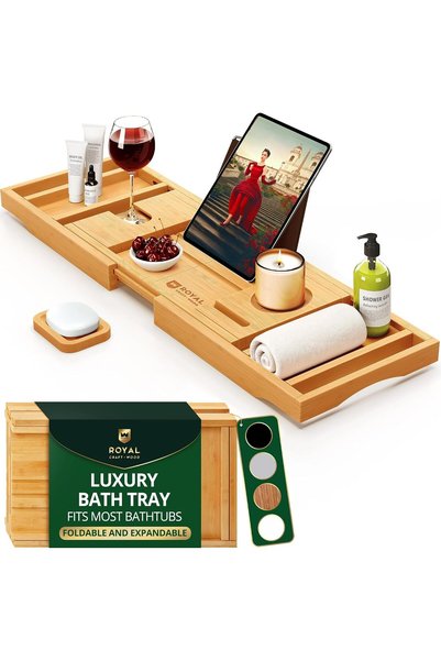 Generic Luxury Bathtub Caddy Tray, 1 or 2 Person Bath and Bed Tray, Bamboo Ba...