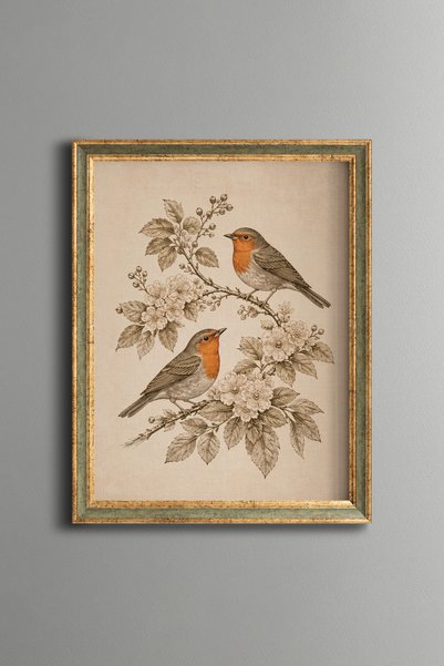 epiqart Çiçekli Dallarda İki Kızılgerdan - Vintage Desenli Tablo - İnce Model