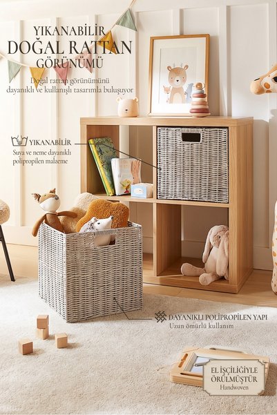 Ocean Home Textile 2'li Çocuk Odası Yıkanabilir Gri PP Rattan Dolap İçi Çamaş...