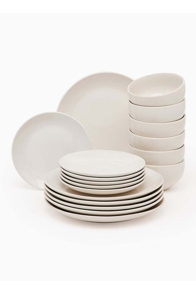 Noon East 18-Piece Stoneware Dinner Set Plates, Dishes, Bowls, Serves 6 White