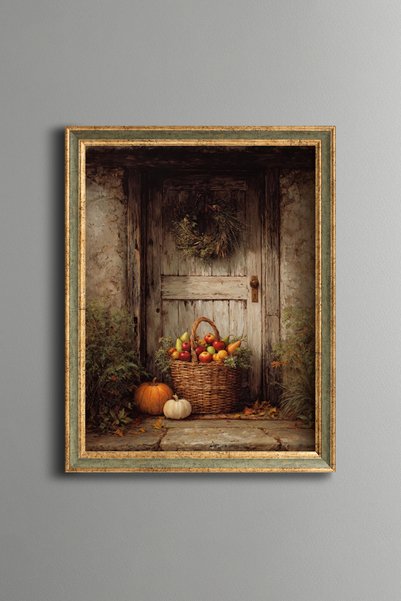 epiqart Harvest Basket in Front of Old Wooden Door - Vintage Patterned Painti...