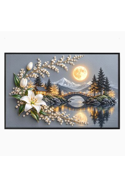 Luxcanva Tablou Canvas Luna Peste Podul Montan 120x80 cm cu Rama Negru Luna P...