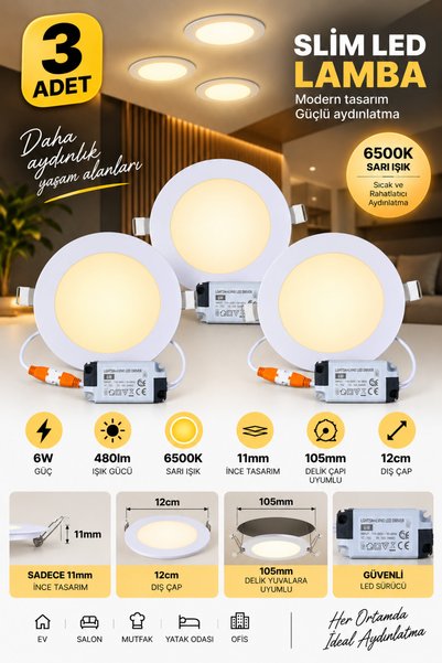 Binbirreyon 3 Adet Gömme Slim Led Spot Lamba 120mm Sarı Işık 6W 480Lm JB089
