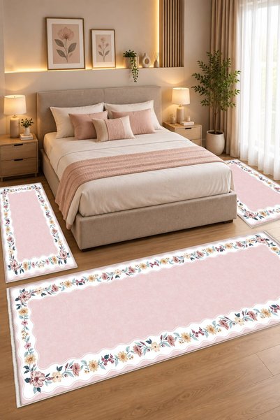 STY Home Pembe Çiçekli Dijital Baskılı 3 'lü Yatak Odası Halısı Yolluk Takımı...